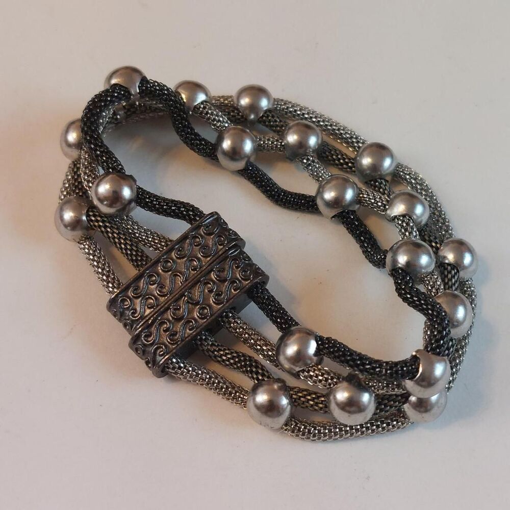 Rustic Wide Multi Tone Tube Mesh Bracelet with Silver Tone Bead Accents